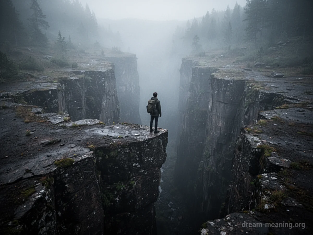 A person stands at the edge of a dark, misty chasm.