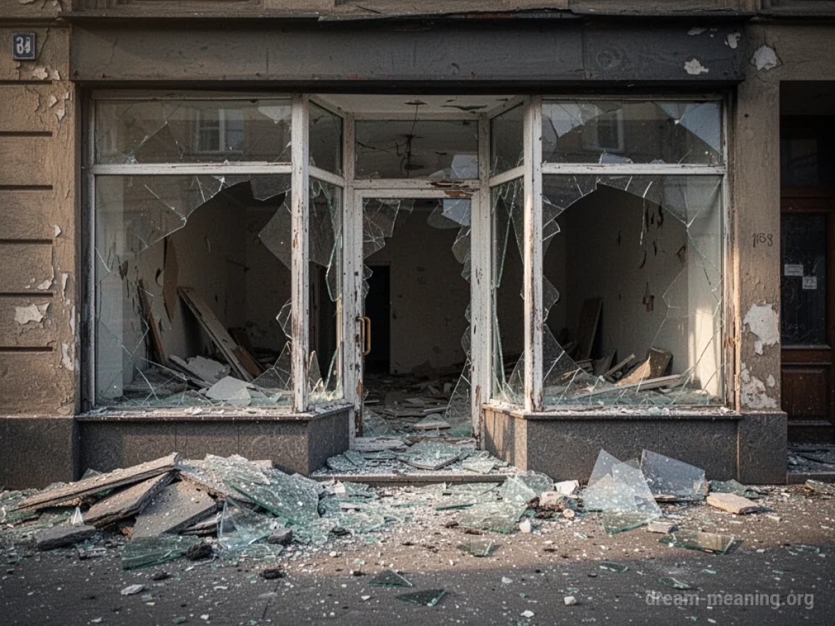 A store with a collapsed roof and shattered windows.