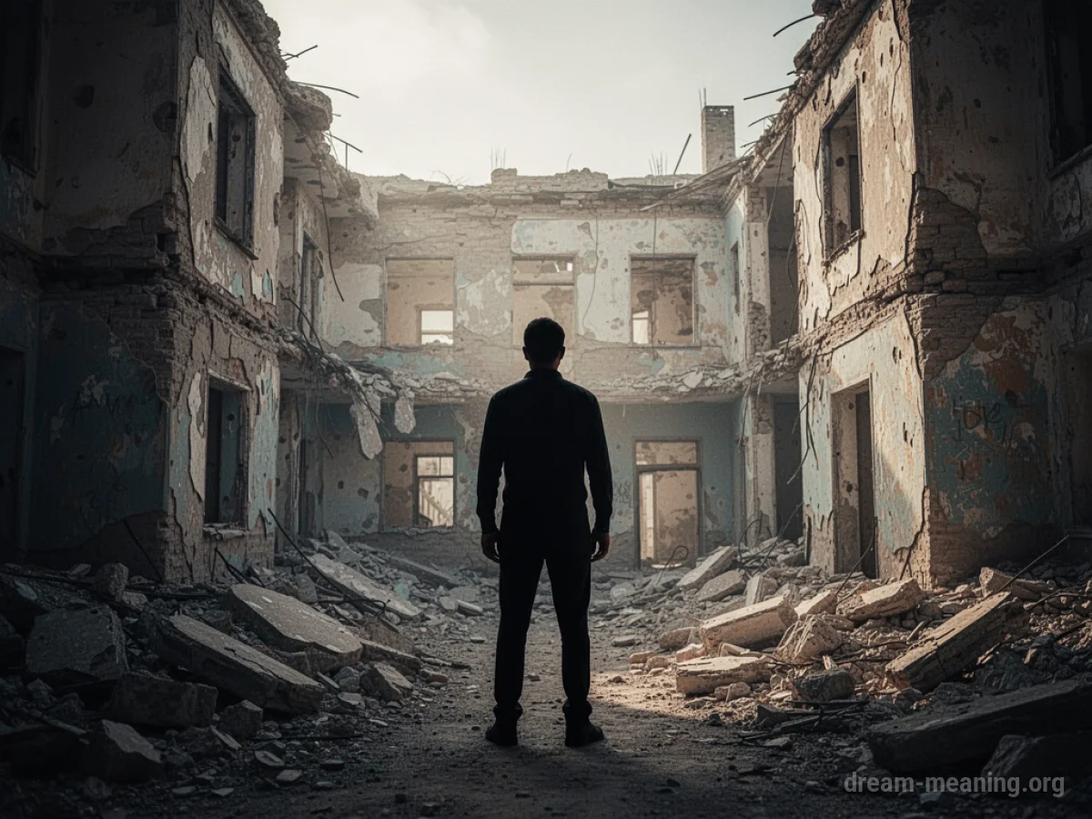 Silhouette of a person facing a partially collapsed building.