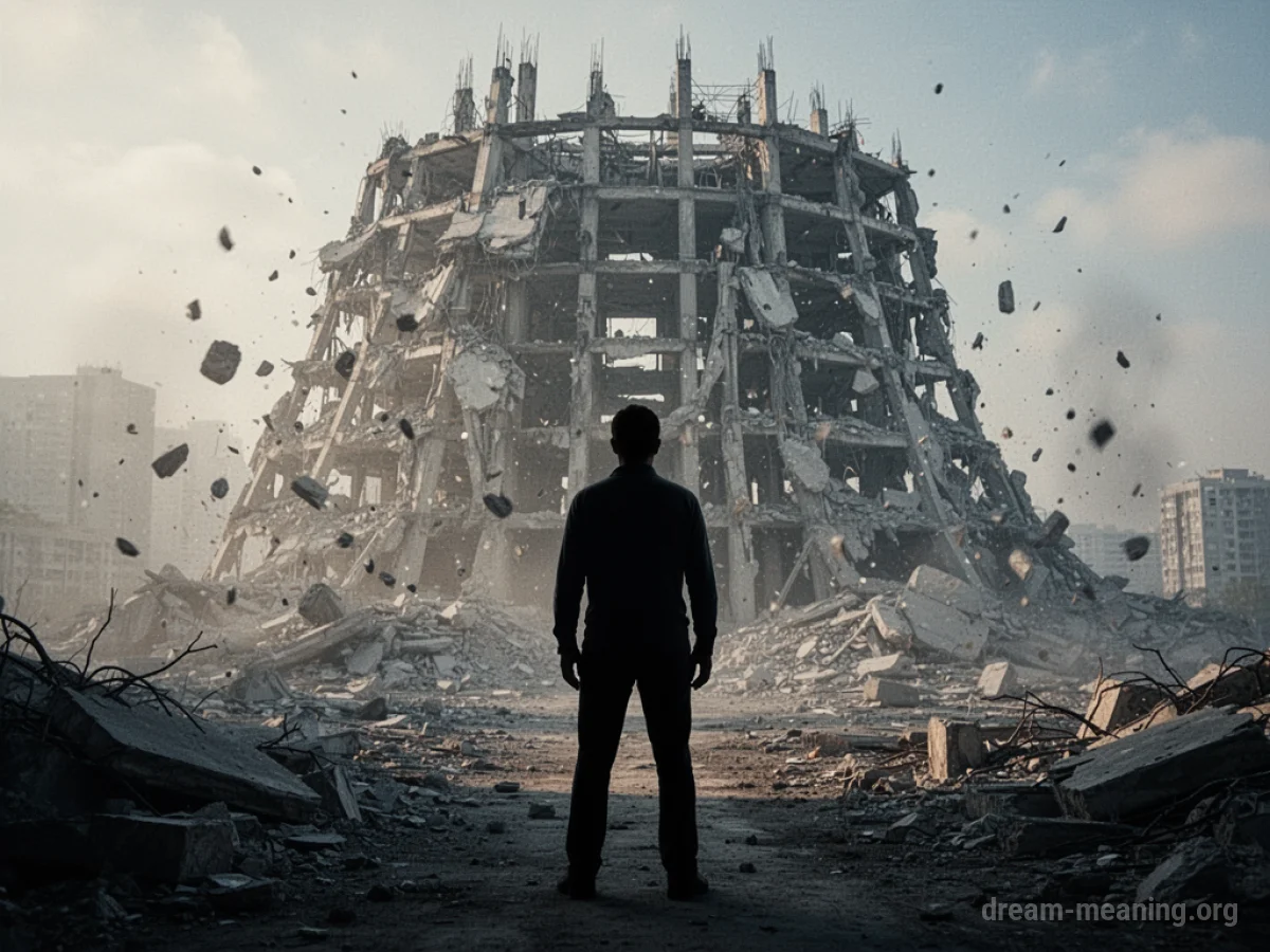 Silhouette of a person watching a large structure break apart.