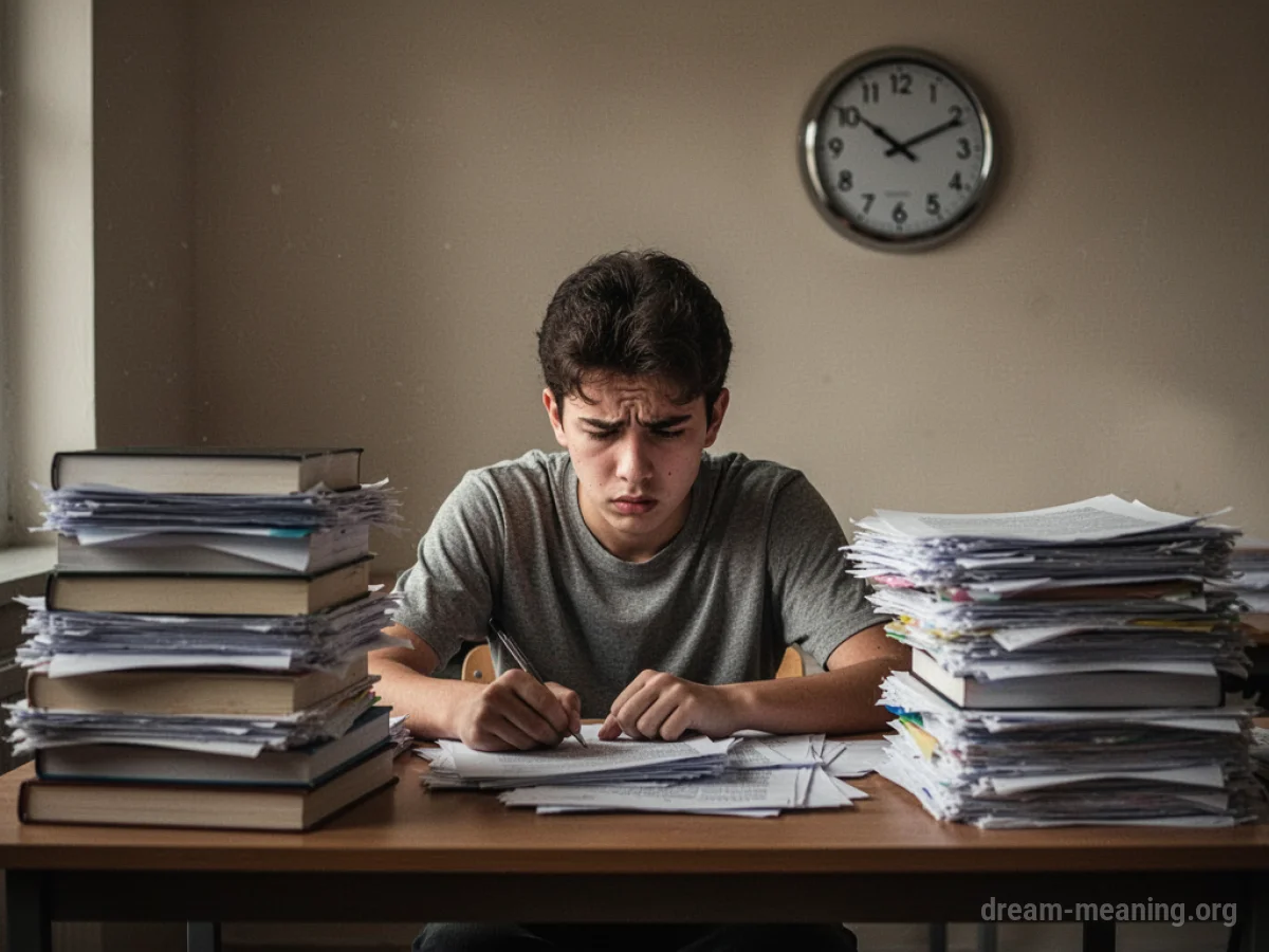 A student overwhelmed by books and a ticking clock.