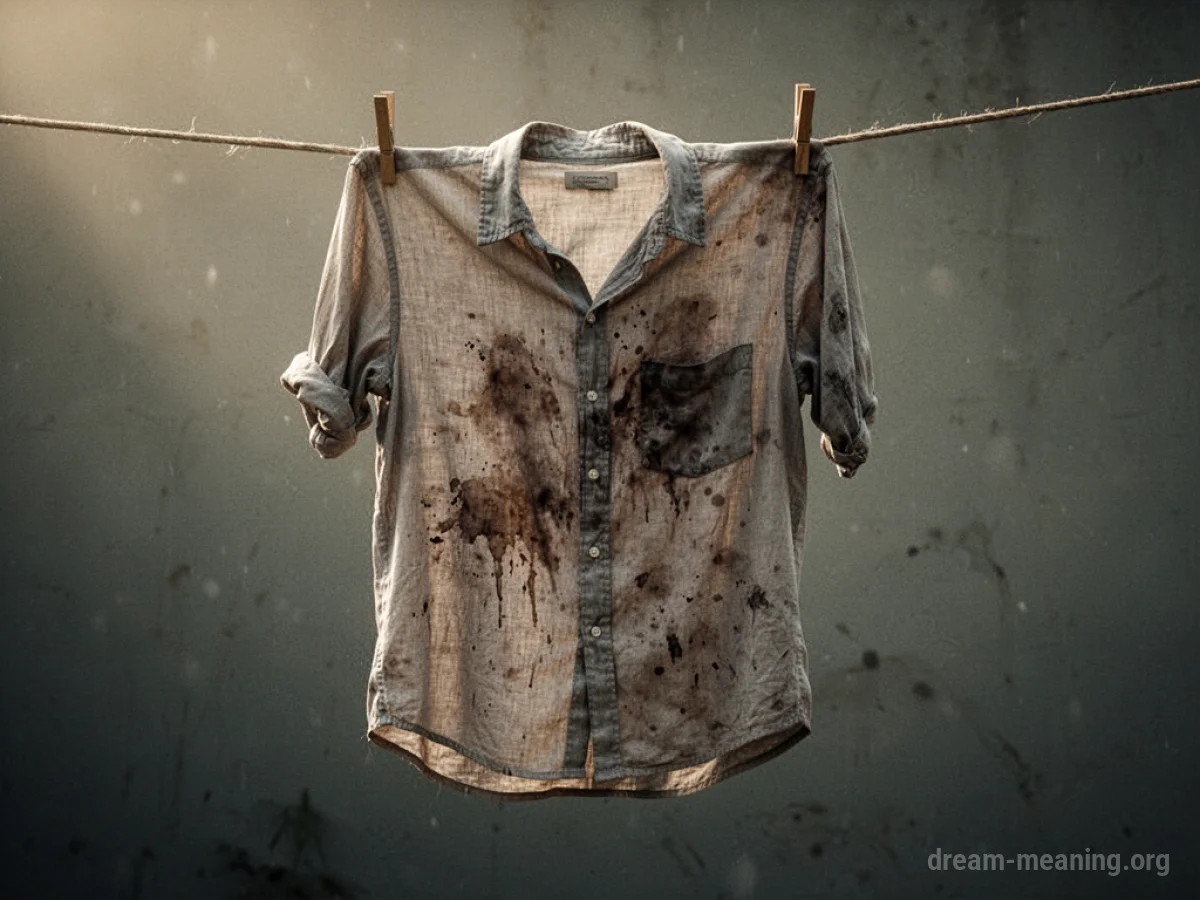 A close-up of a single shirt with a noticeable stain.