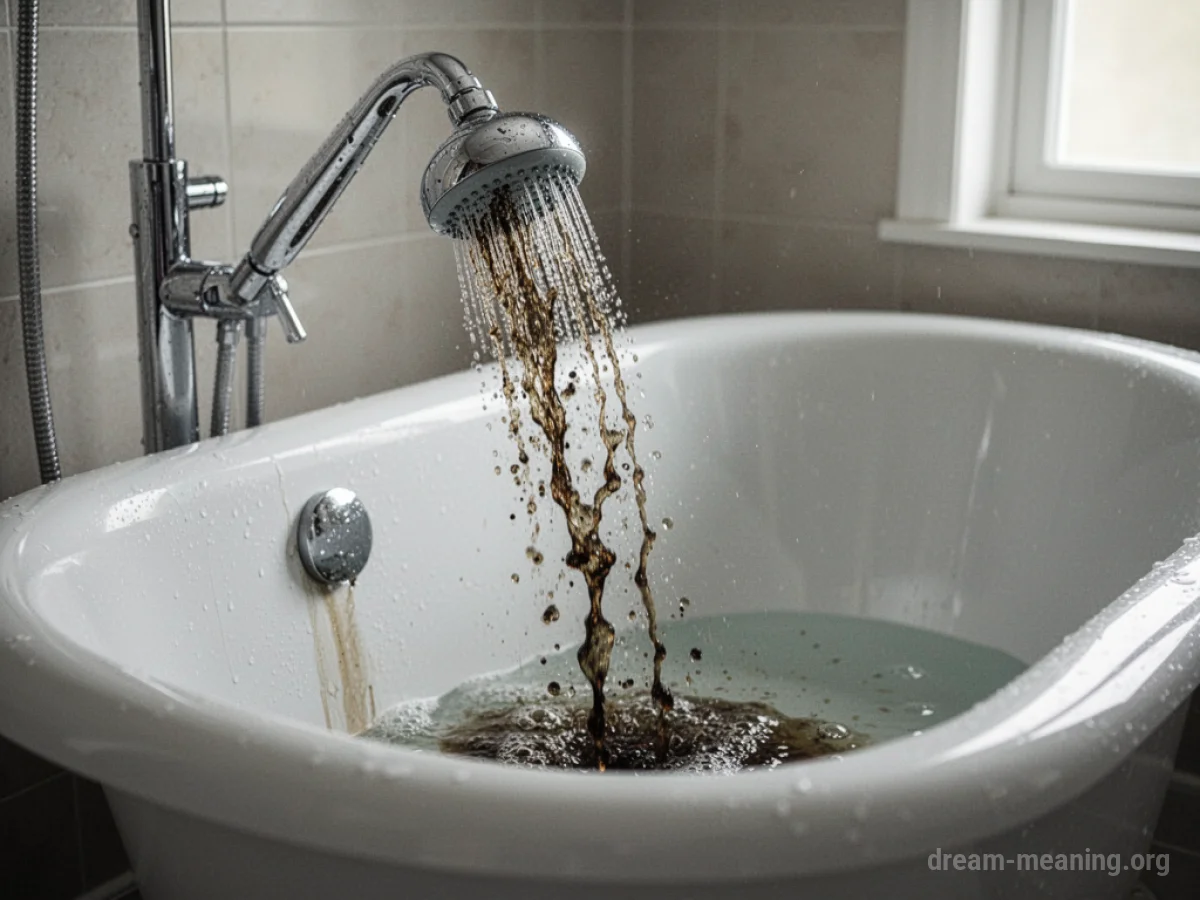 A shower head emitting dark, cloudy water.