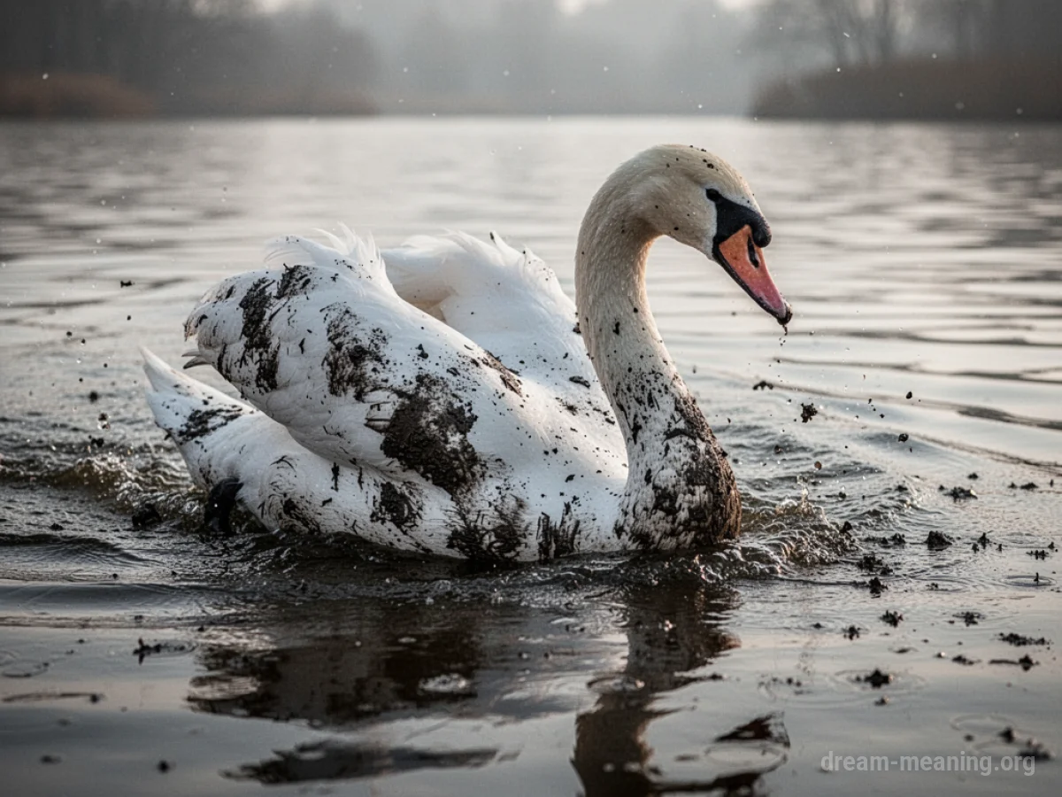 A white swan coated in dark mud swimming in murky water.