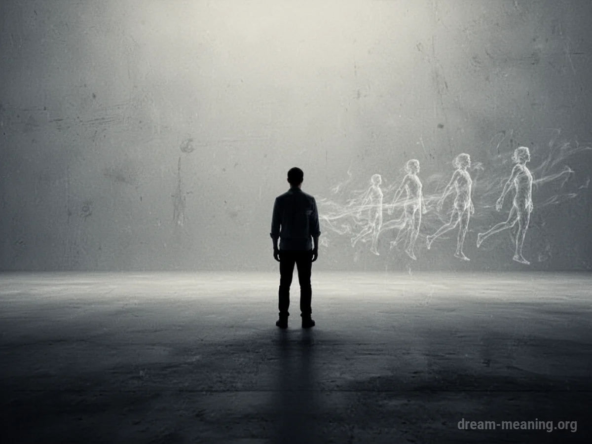 A single silhouette in a large, empty expanse with faint, detached shapes resembling the silhouette.
