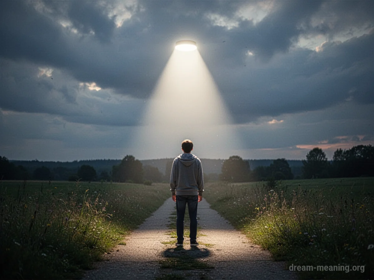 A person standing on a path looking up at a light from the sky.