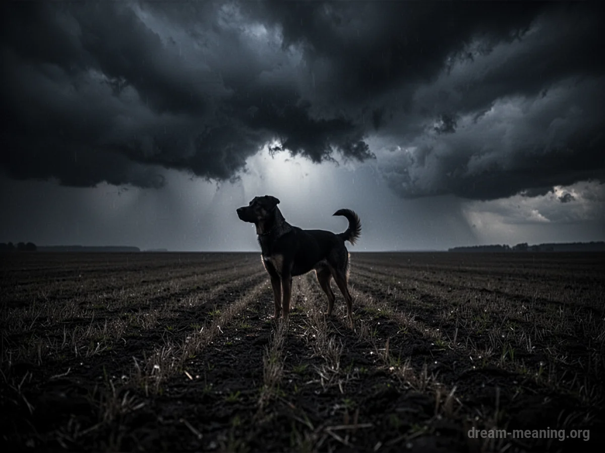 Silhouette of a dog in a desolate field with storm clouds overhead.