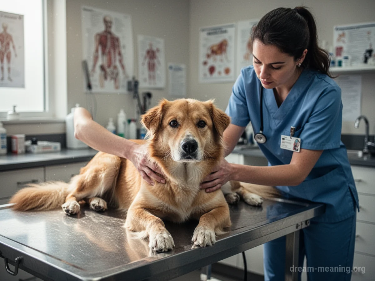 A dog on a veterinary examination table with a veterinarian nearby.