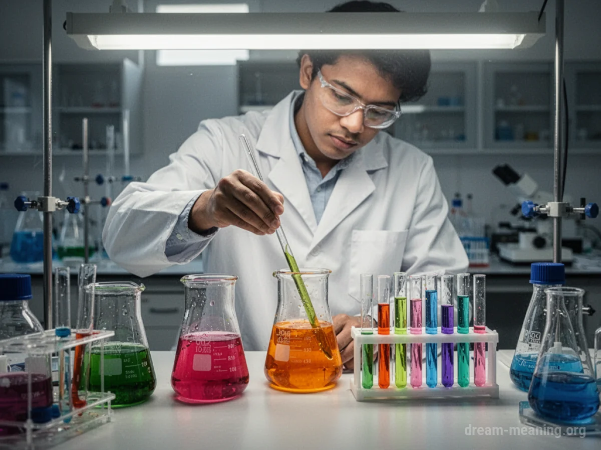 A person in a lab coat conducting a science experiment with beakers and test tubes.