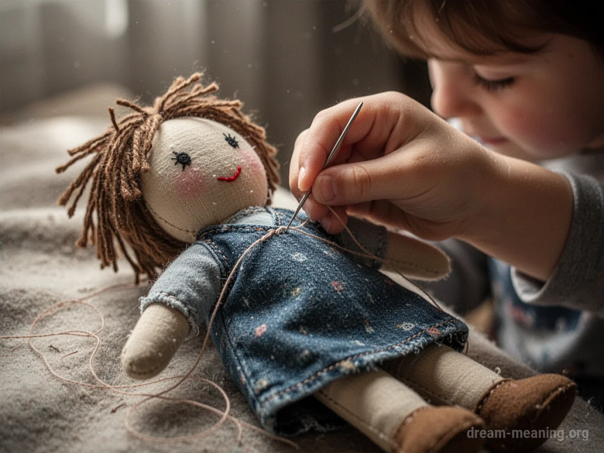 A close-up of a child's hand holding a needle and thread near a doll.
