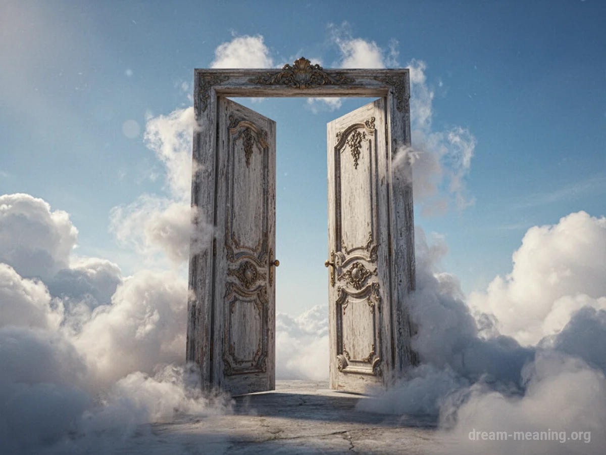 An open door framed against a bright blue sky.
