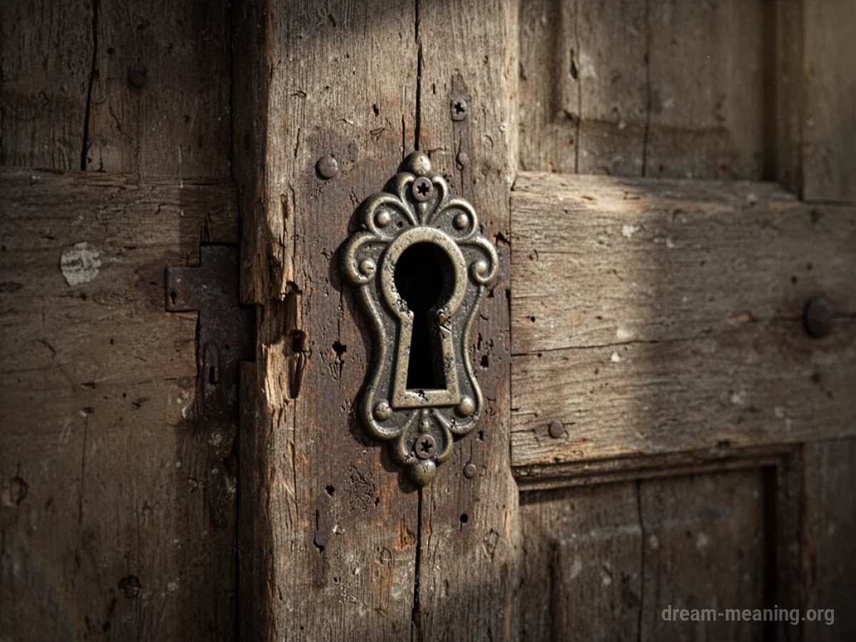 A closed wooden door with a visible jammed keyhole.