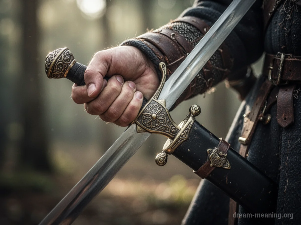 A hand holding a sword hilt, pulling a blade from a scabbard.