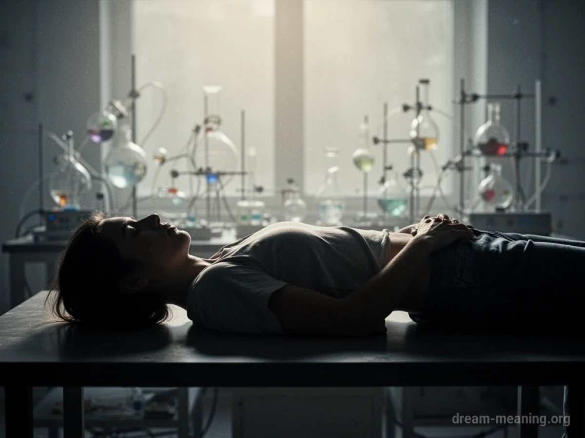 Silhouette of a person on a table with blurred scientific equipment behind them.