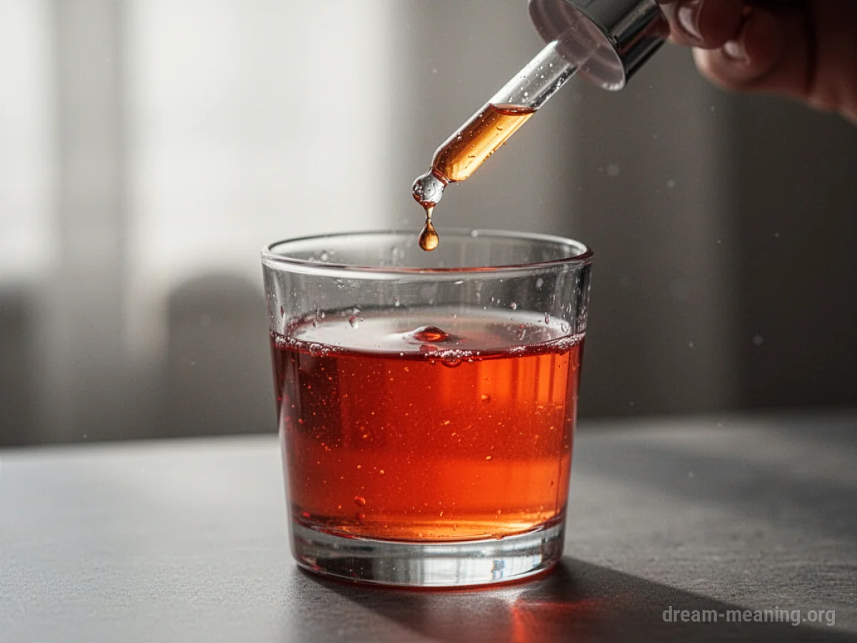 A clear glass with a colored liquid and a dropper.