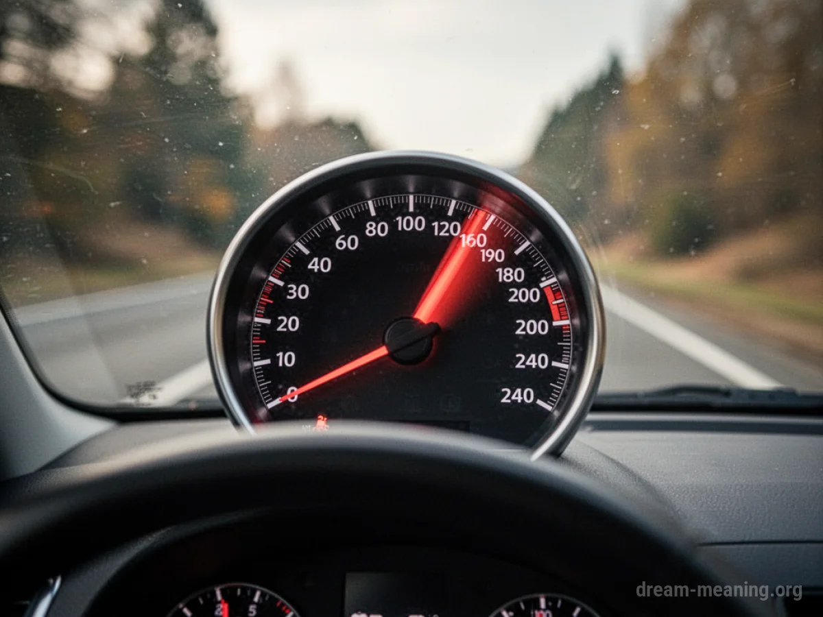 Close-up of a car's dashboard with the speedometer needle indicating high speed.