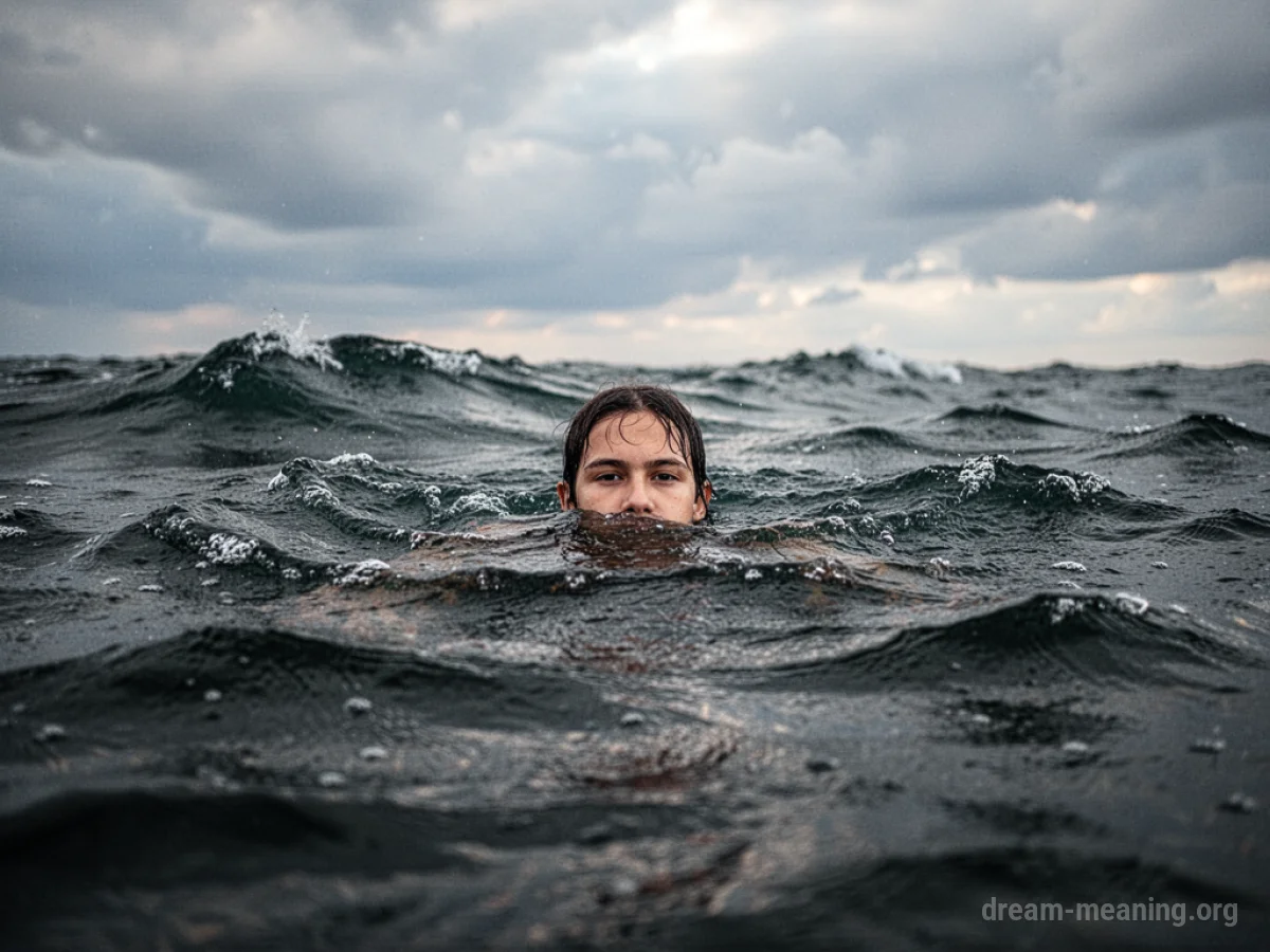 A person's head emerging from dark, choppy ocean waves under a grey sky.