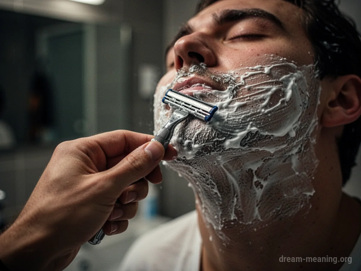 A hand holding a dull razor near a face.