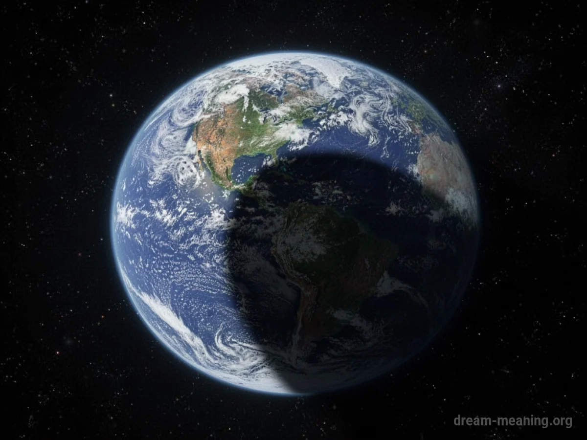 View of Earth from space with a large shadow obscuring part of the planet.