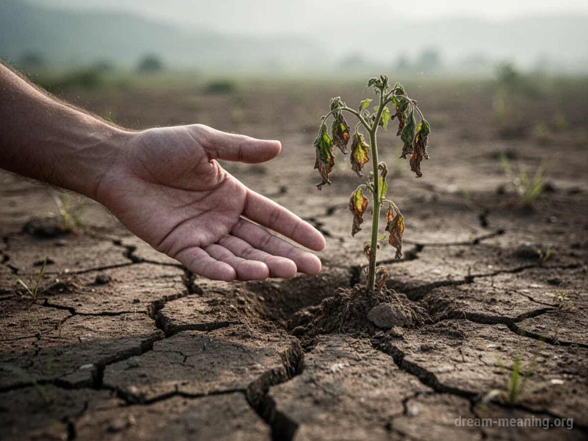 A hand reaching from dry earth toward a wilting plant.