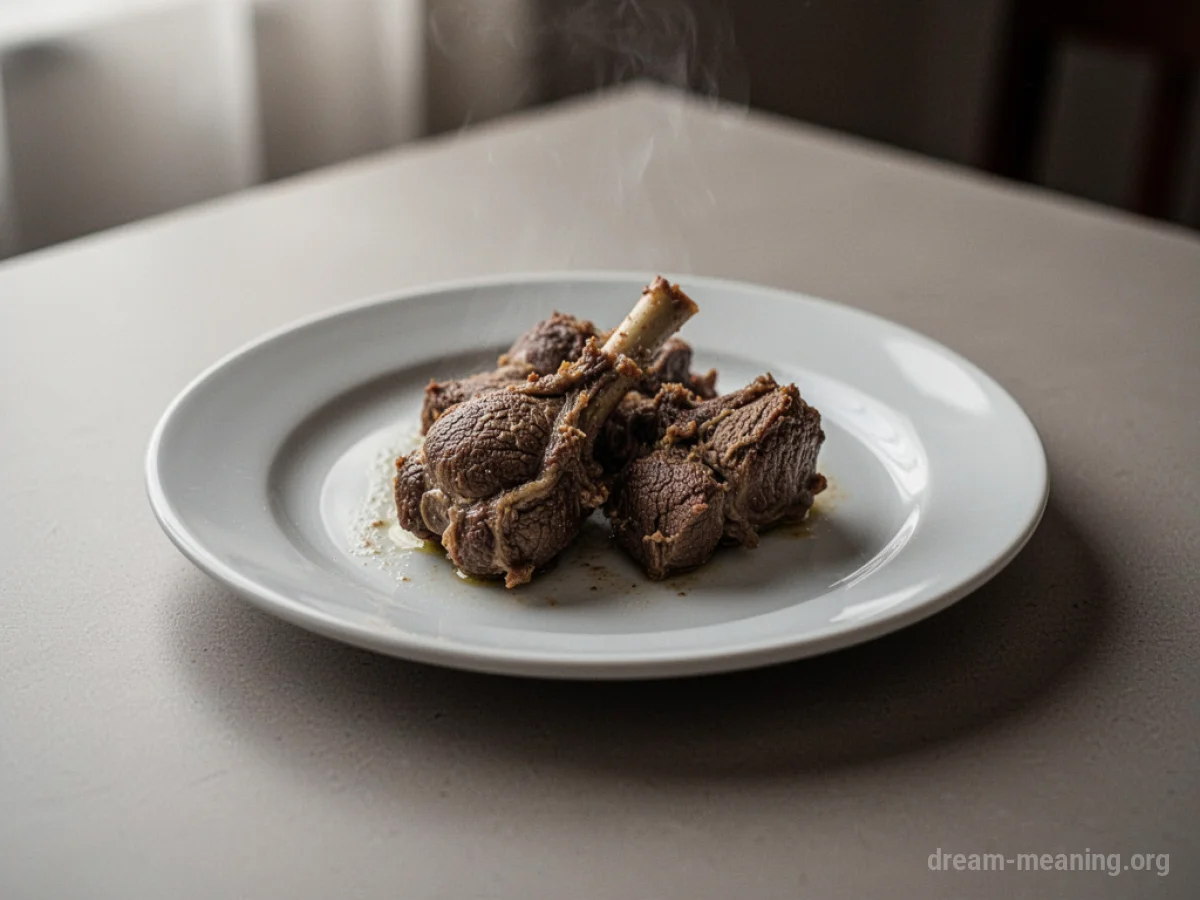 A plate with a single serving of cooked mutton.