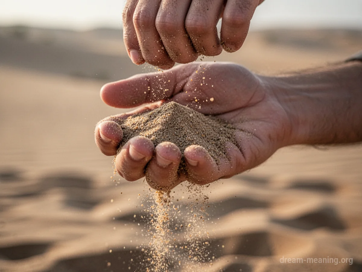 A hand holding sand with grains falling.