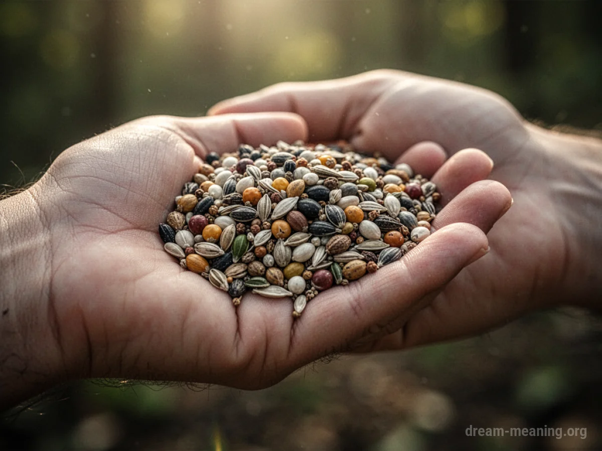 A person's hand holding a small collection of different types of seeds.