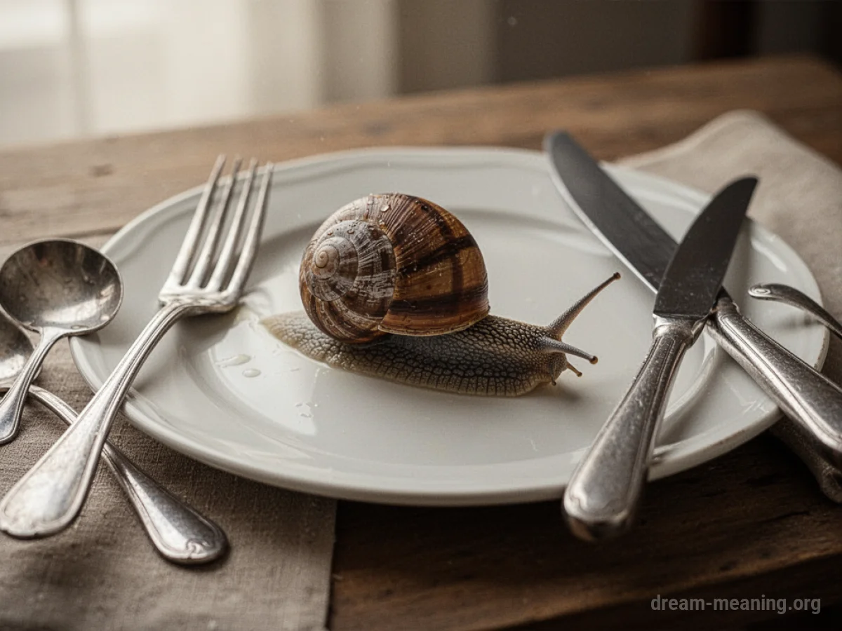 A snail on a plate with cutlery.