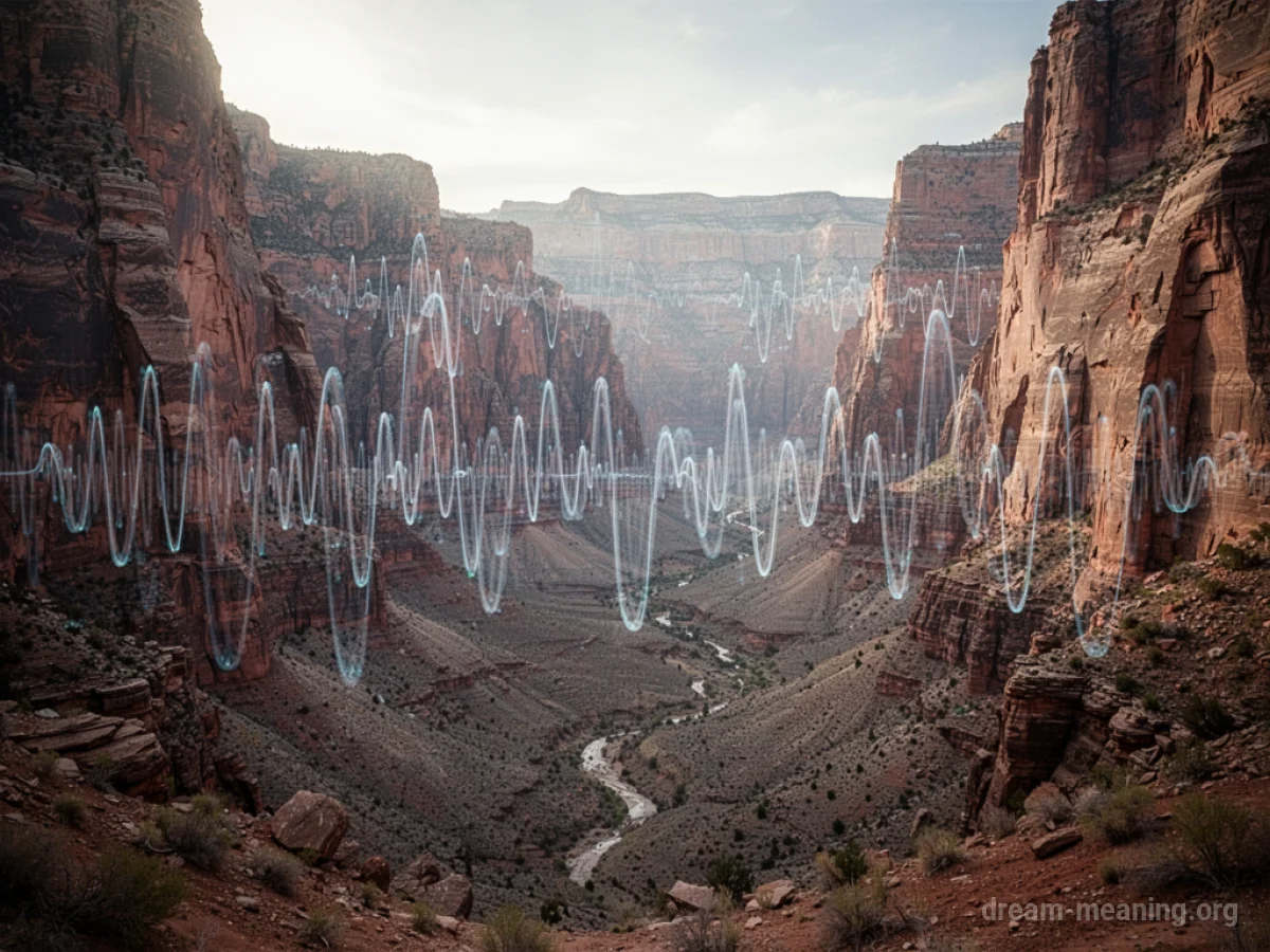 Faint, overlapping sound waves visualized in a large, empty canyon.