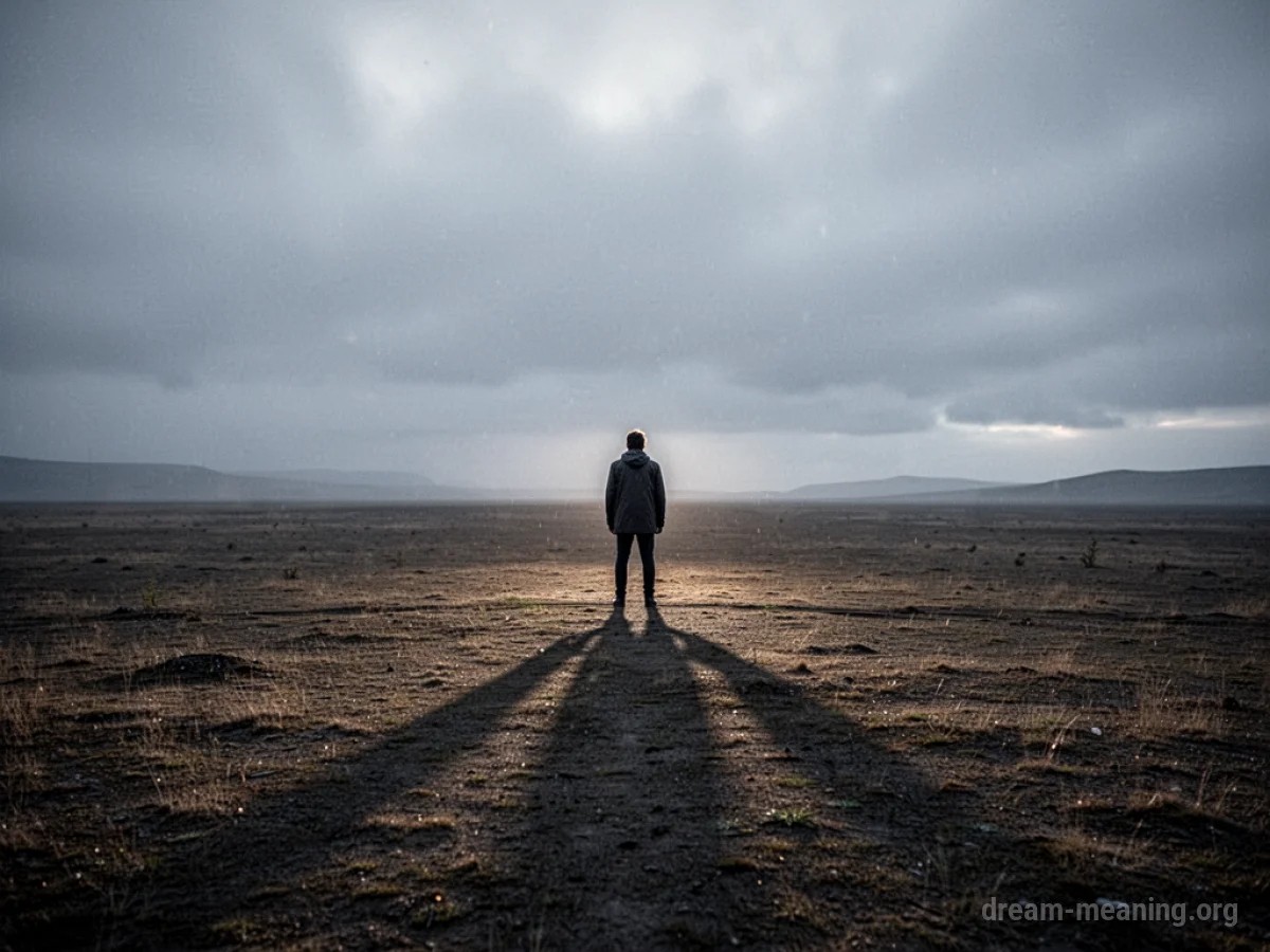 A solitary figure in a desolate landscape with elongated shadows.