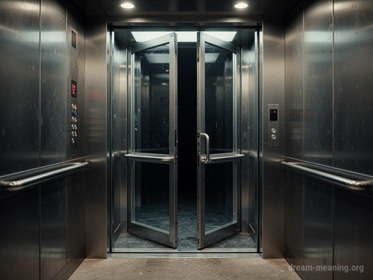 An elevator car motionless between floors, with a sliver of darkness visible through the open doors.