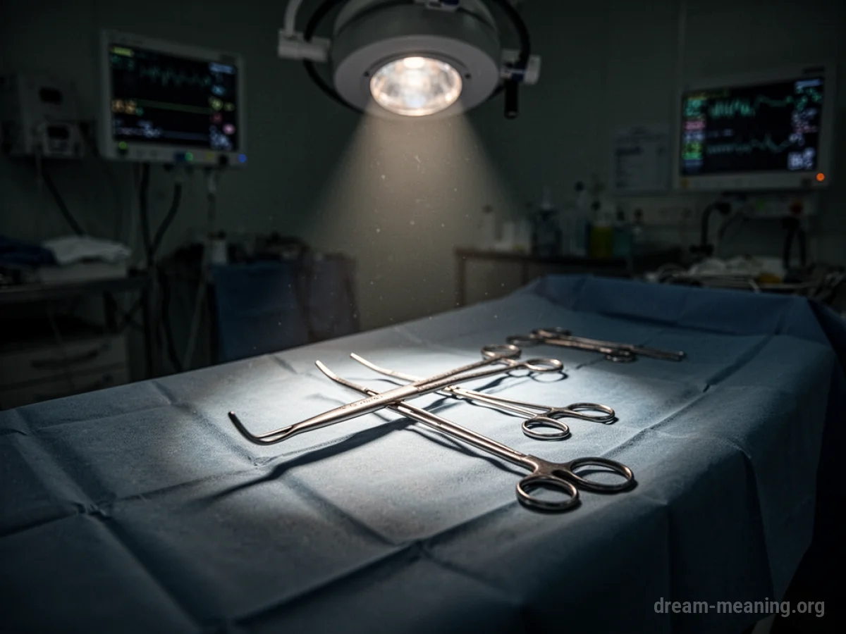 A sterile operating room with surgical tools arranged on a tray.