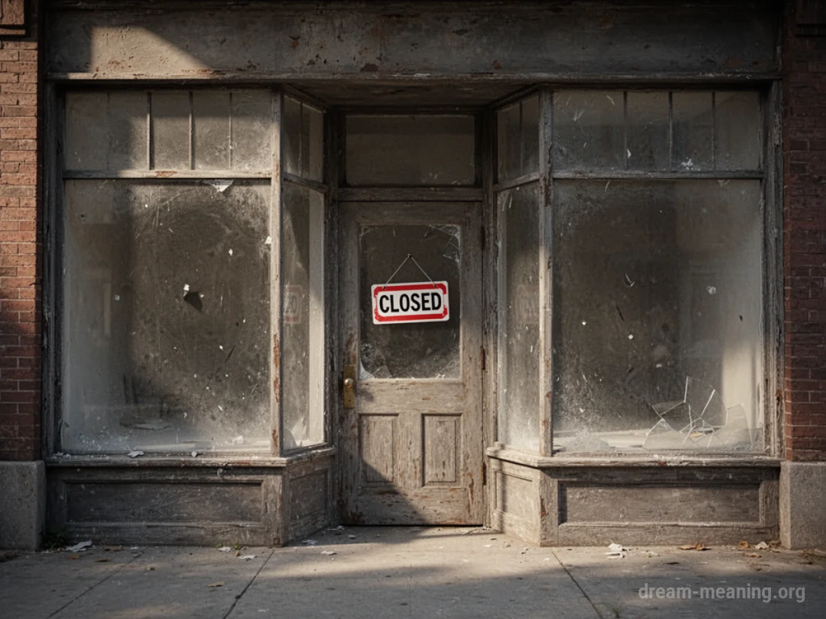 A storefront with bare shelves visible through dusty windows.