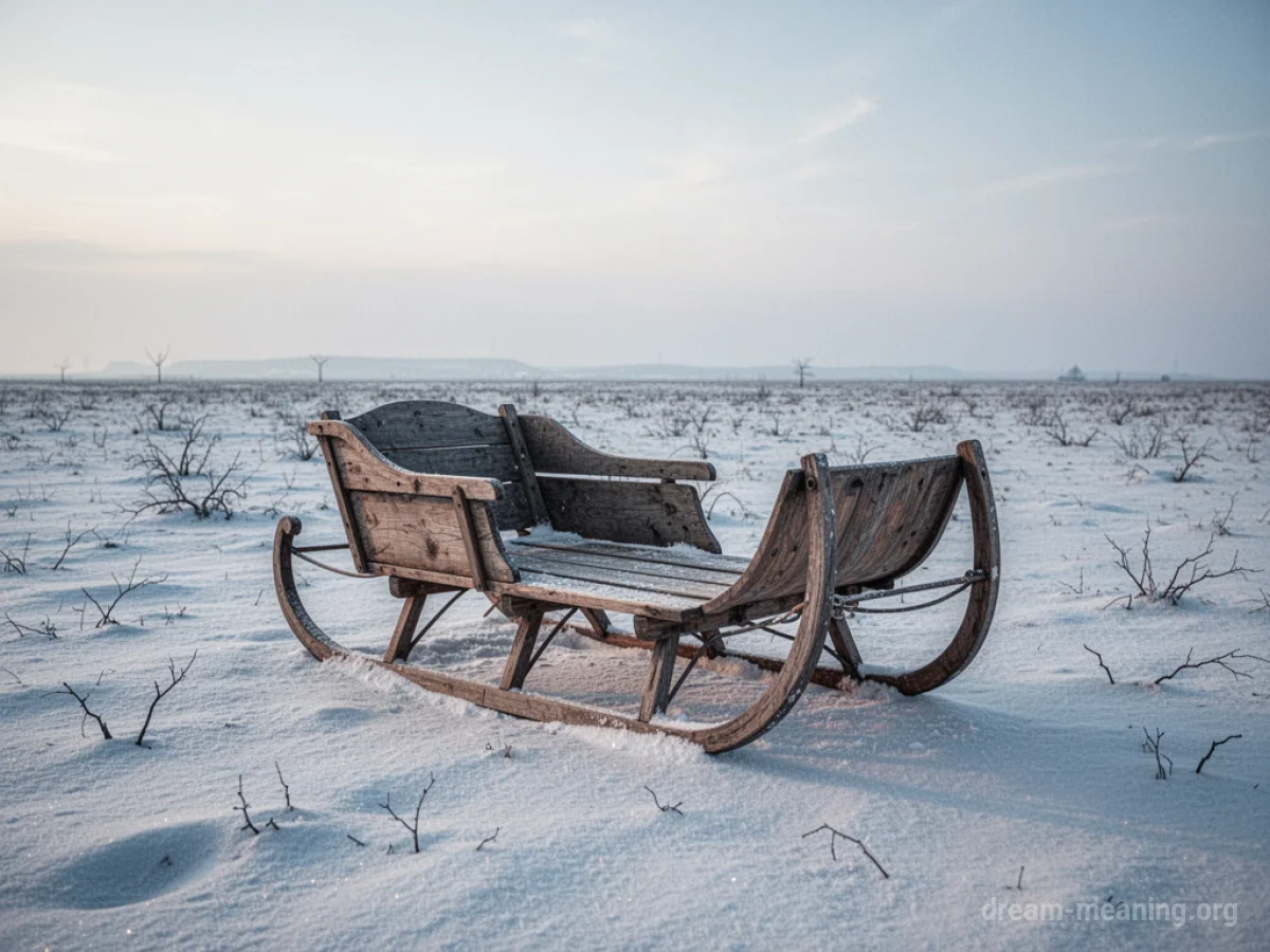 An empty wooden sleigh sits alone on a flat expanse of snow.