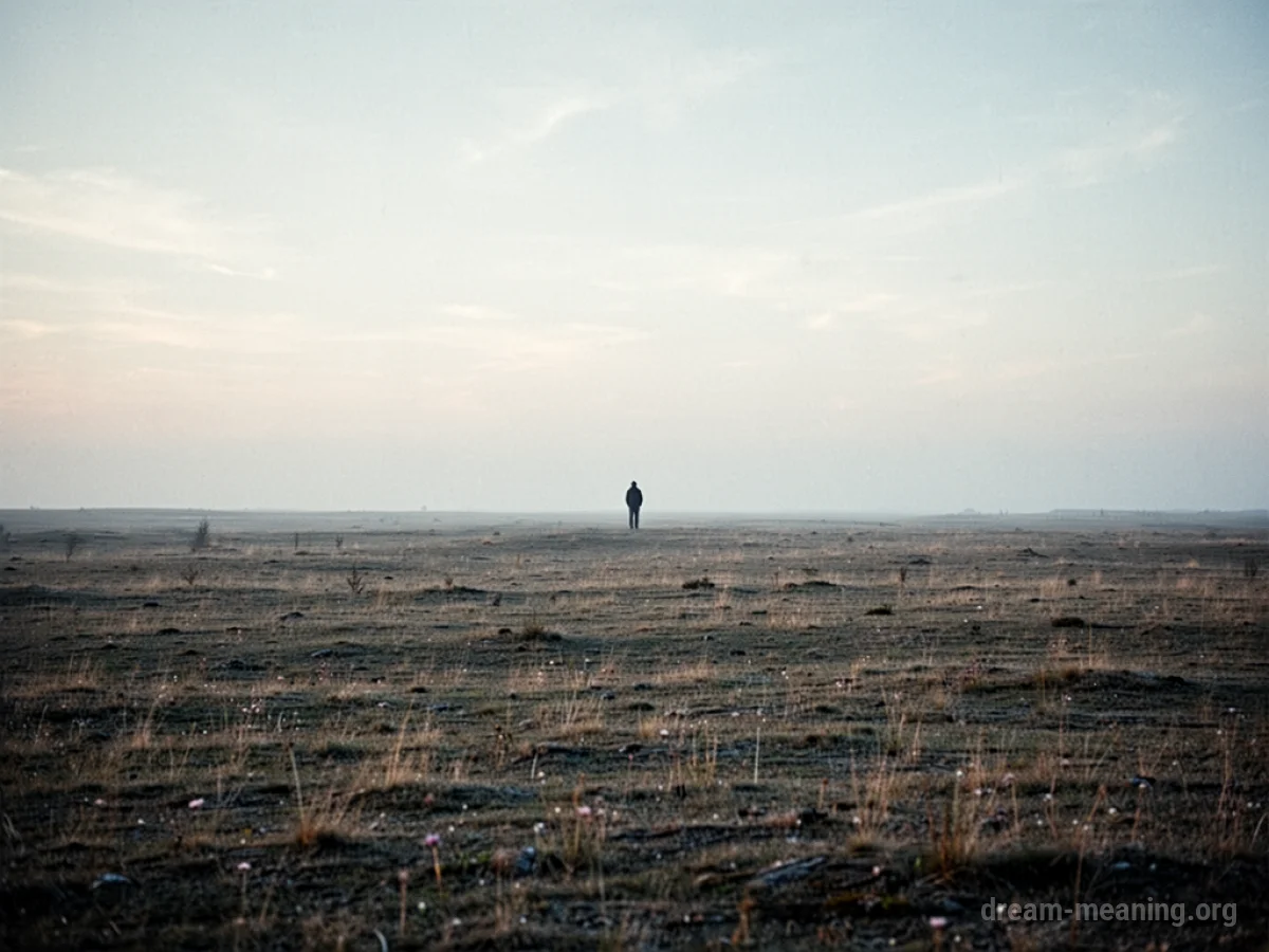 A solitary figure stands in a barren, featureless landscape.