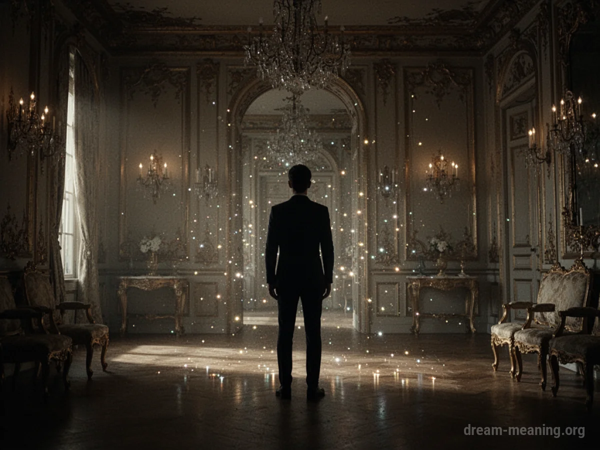 Silhouette of a person drawn towards a glowing doorway in a dark room.