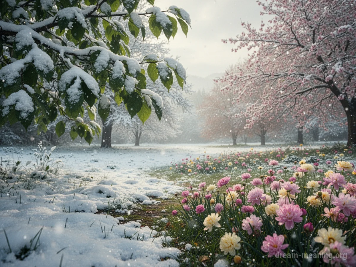 A landscape showing a mix of winter snow and spring greenery.