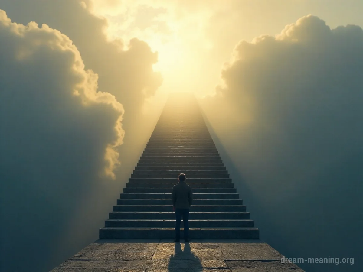 A person standing at the base of a very long, tall staircase disappearing upwards into mist.