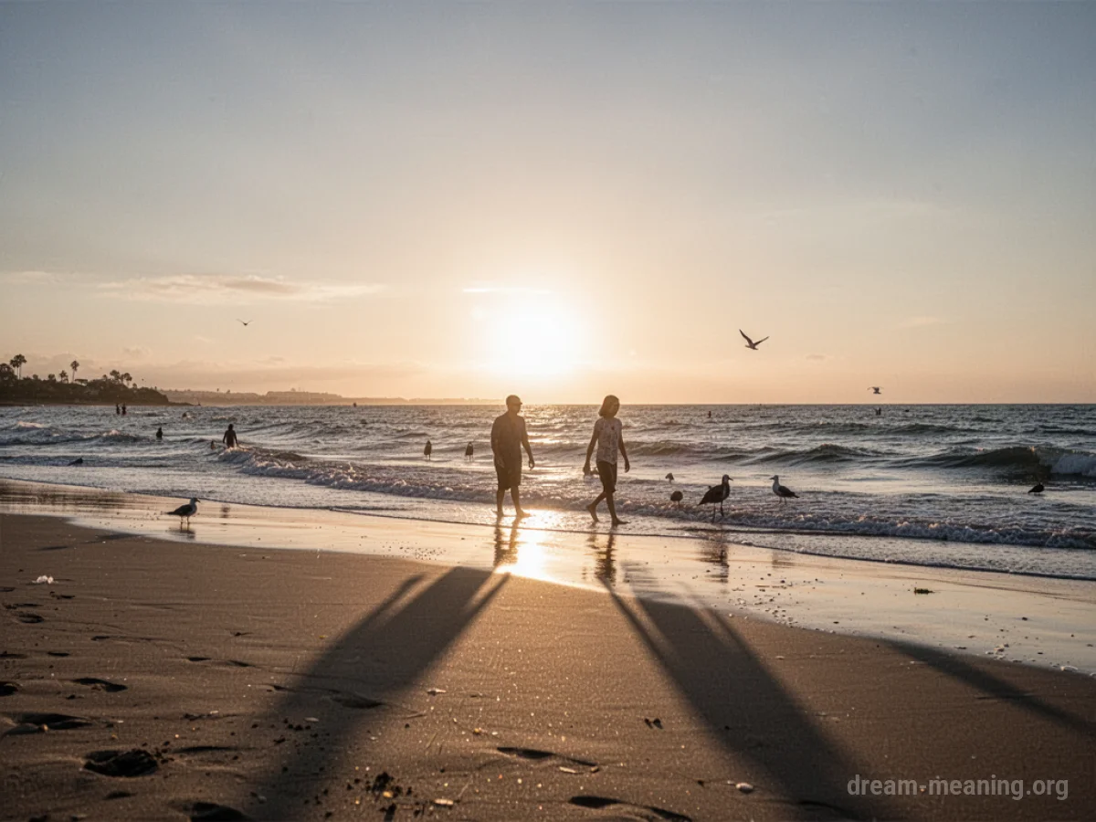 A beach with a sun stuck at sunset, casting long shadows across the sand.