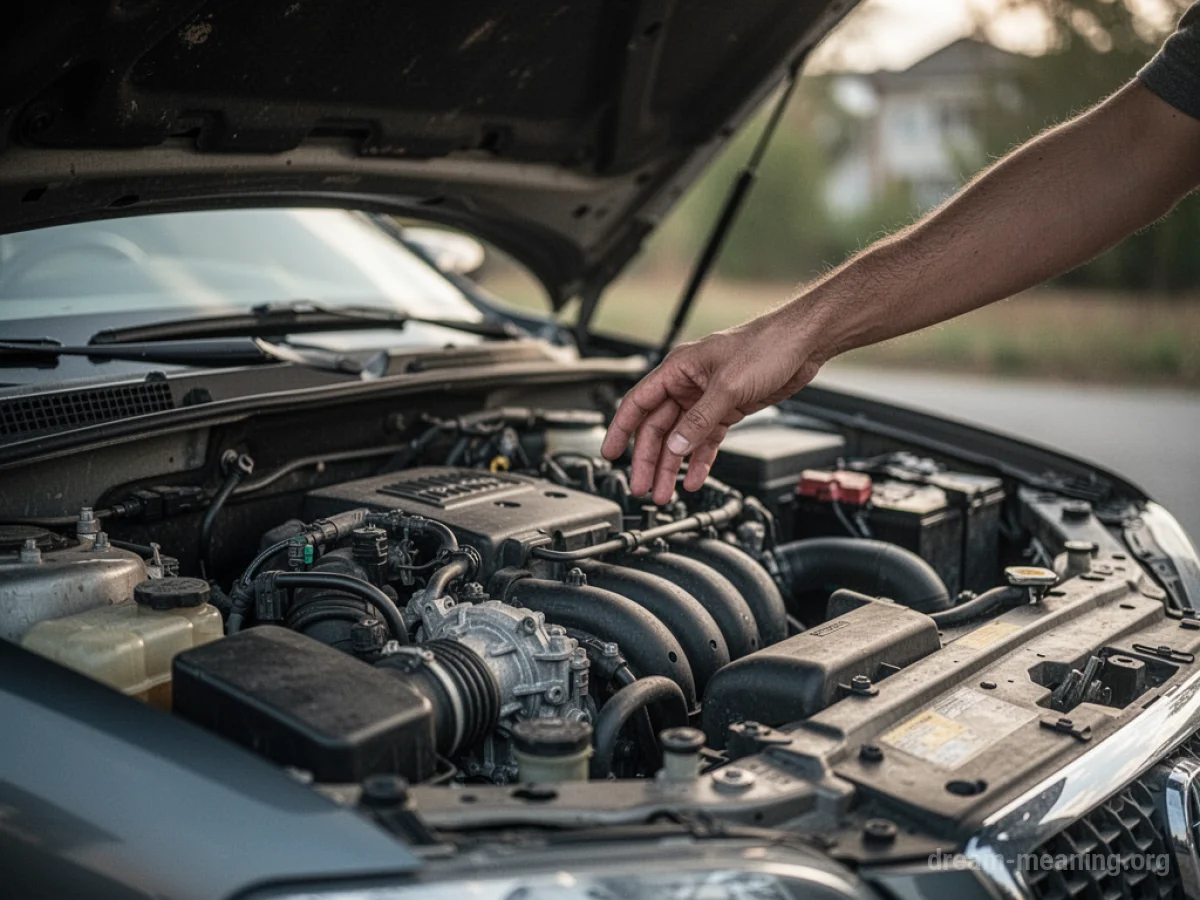A car engine compartment with mechanical parts visible and a hand reaching towards it.