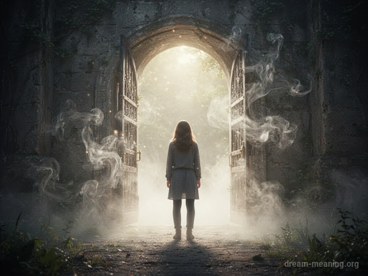 A silhouette of a person facing a glowing, ethereal doorway.
