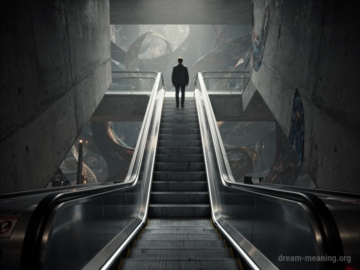 A person at the top of a moving escalator going downwards into shadow.