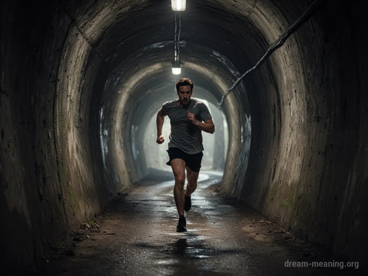 Silhouette of a person running down a dark corridor towards a bright light.