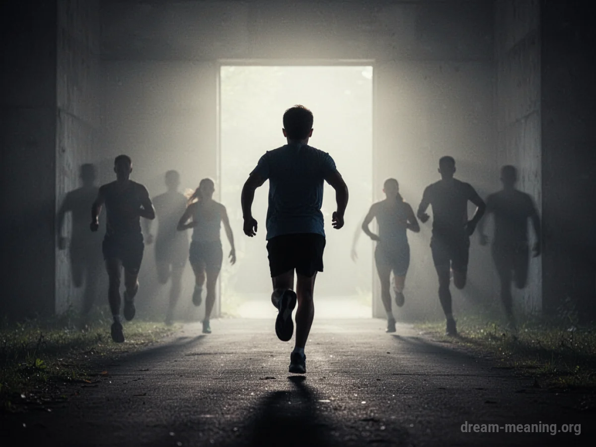 Silhouette of a person running away from shadows toward a bright light.