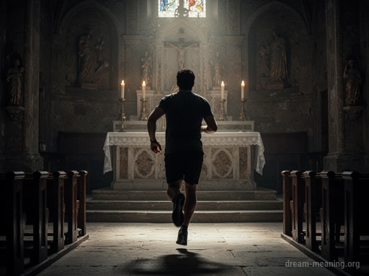 Silhouette of a figure running away from an altar in dim light.