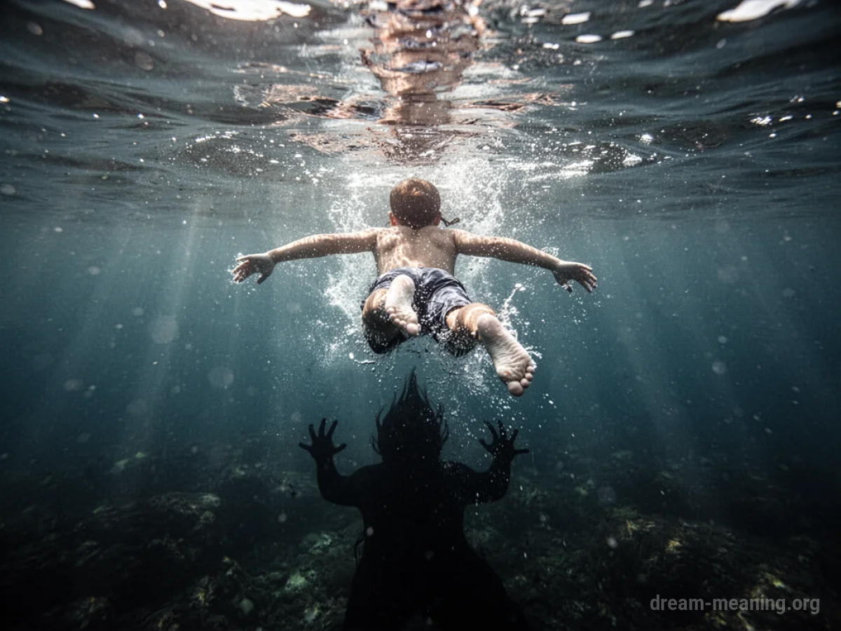A silhouette of a person swimming away from a large, indistinct shape in the water.