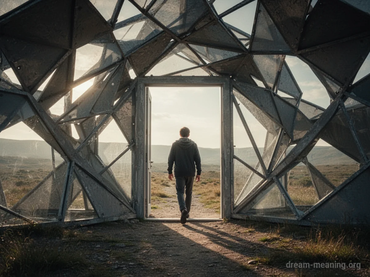 Silhouette of a person stepping from a dark, structured maze into a bright, open field.