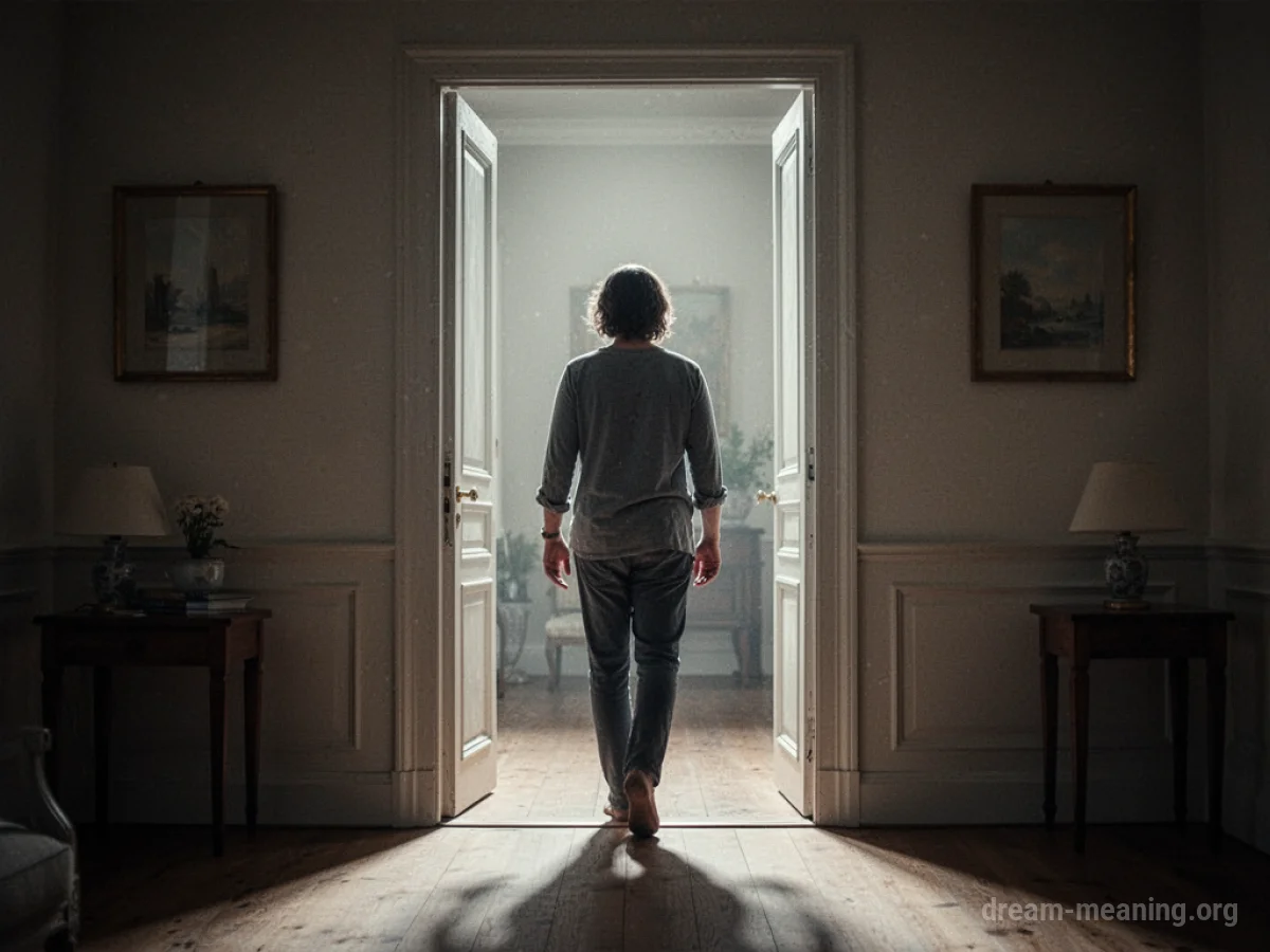 Silhouette of a person moving from a dark area into a well-lit space.