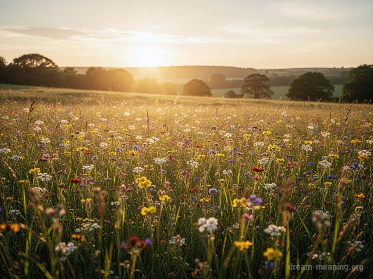 A sunlit meadow with flowers in full bloom under a clear sky.