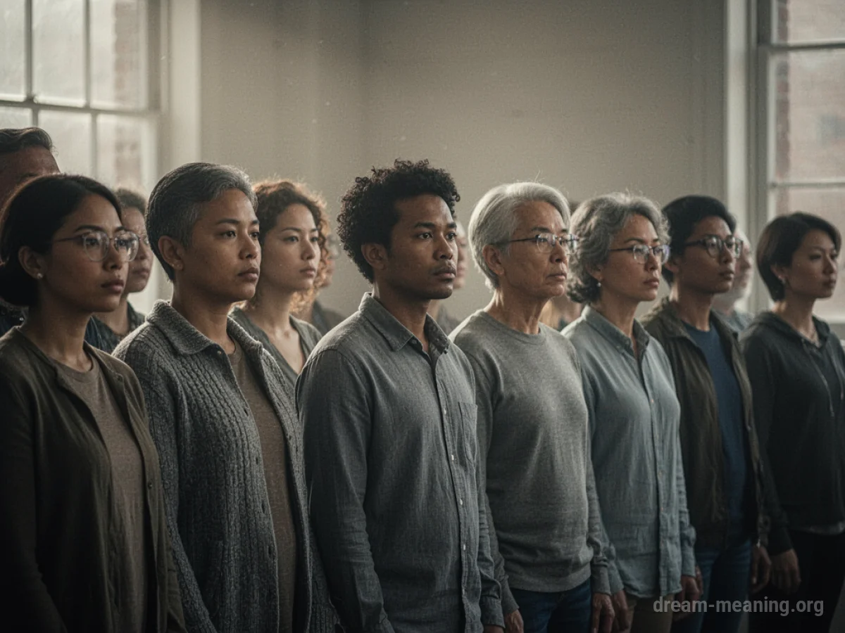 A diverse group of people standing perfectly still and silent.